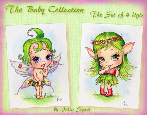 Set of 4 Digital Stamps, Digi, Coloring, Baby stamps, Babies, Baby Fairy, Baby Elf, Baby Boy, Baby Girl. The Baby Collection.