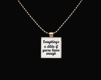 Mature dildo necklace, brave enough, inappropriate, funny jewelry, silver pendant, rude necklace, square pendant, statement necklace