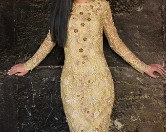 Gold Lace Dress, Haut Couture Dress, Hand Crafted Dress, Cocktail Gown, Long Sleeve Dress, Prom Midi Dress, Bodycon Dress, Embroidered Dess