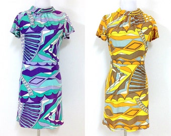 Lot of 2 60s Dresses Bright Pattern Short Sleeve with Rolled Round Neck Size Medium