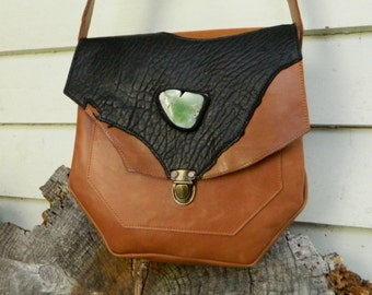 Leather Satchel Tan Brown and Black Leather Handbag with Lemon Chrysoprase and Push Button Closure by Ariom Designs
