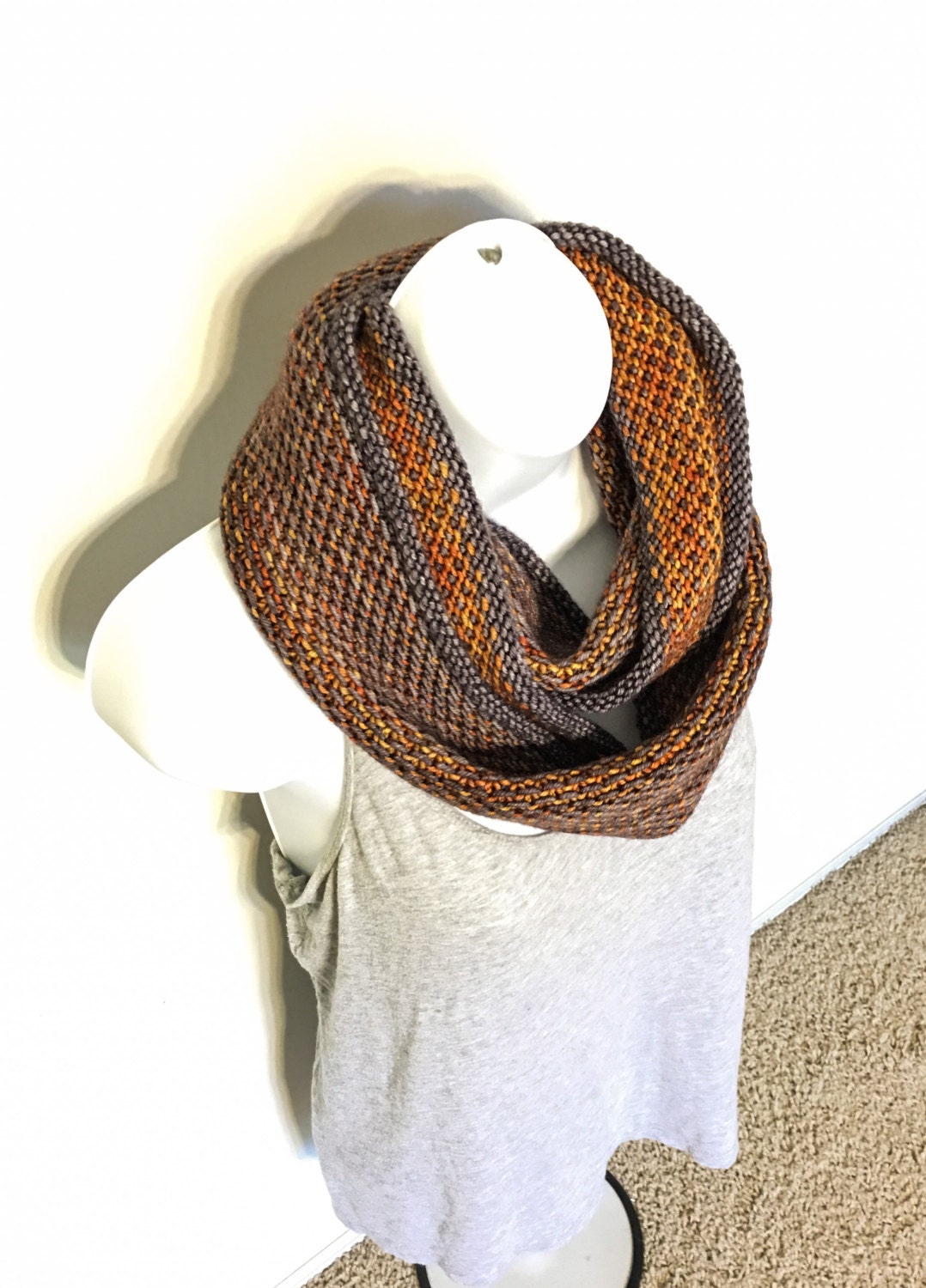 Merino wool Long Cowl/Infinity Scarf in Orange and Gray Hand