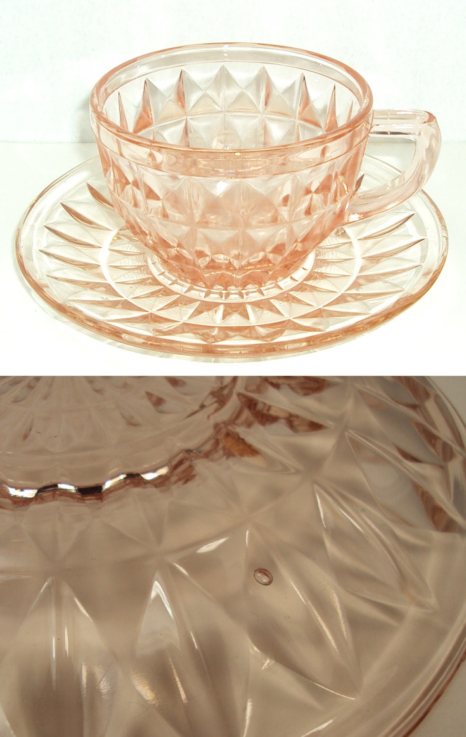 Diamond Pattern Pink Depression Glass Teacup & Saucer