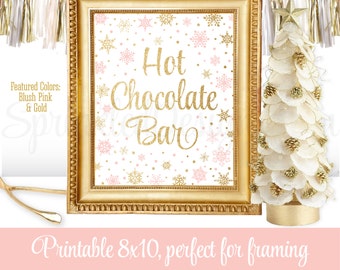 Hot Chocolate Bar Sign - Winter Onederland Decorations - Blush Pink Gold Glitter - Winter Baby Shower Decorations Party Decor - 8x10 Sign