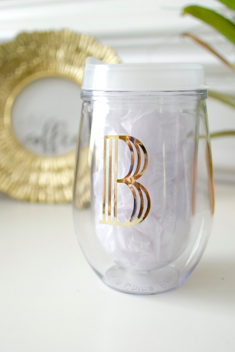 Gold Foil Initial Monogram Wine Glass Frost Lid Stemless
