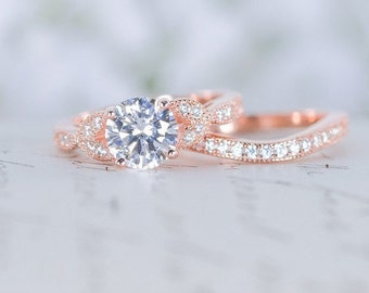 Rose Gold Wedding Ring Set - Art Deco Engagement Ring - Vintage Inspired Ring - Antique Style - Round Cut Ring - 1.2 Carat - Sterling Silver