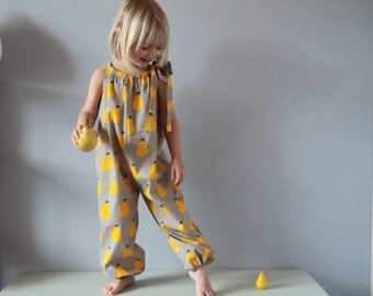 Baby girl romper in pear printed cotton, Summer girls outfit, Fruit print Summer jumpsuit, Long leg romper, 6 months, 12 m Baby girl clothes