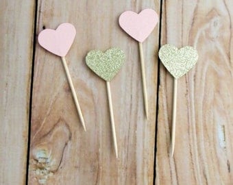 Blush and Gold Glitter Heart Cupcake Topper, Blush Pink Gold Wedding Cupcake Topper, Gold Birthday Party Pick, Blush Gold Heart Cake Dessert