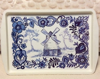 Vintage Large Delft Blue Serving Tray Dutch Windmill Nutron Plastics of Florida 1960s