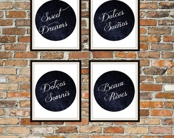 Sweet Dreams, Dulces Sueños, Dolcos Somnis, Beaux Reves Digital Wall Art Print Set, nursery print, navy print, 8x10 print