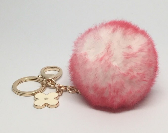 Instagram/ Blogger Recommended Candy Pink Frost fur pom pom keychain REX Rabbit fur pom pom ball with flower bag charm