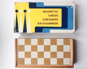 vintage deluxe chess/checker/backgammon/domino/card board game set. wood & glass