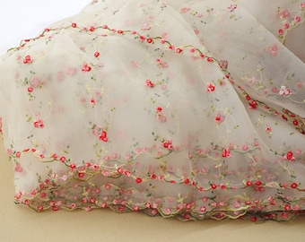 Small rose lace fabric, Organza Lace Fabric, Embroidered Lace Fabric, Organza Pink Flower Borders Fabric DIY Dress fabric - 1/2 yard Lace