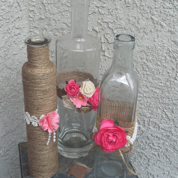 Decorative twine bottle centerpiece Twine wrapped wine bottle
