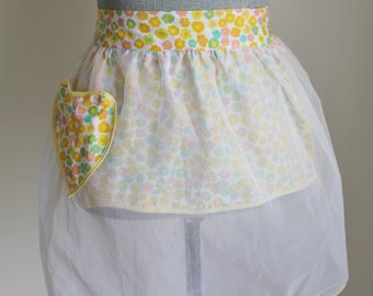 50s Reversible Hostess Half Apron Yellow Print Heart Pocket Sheer