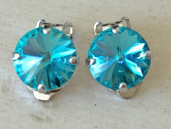 Light Turquoise Crystal Clip On Earrings, Silver