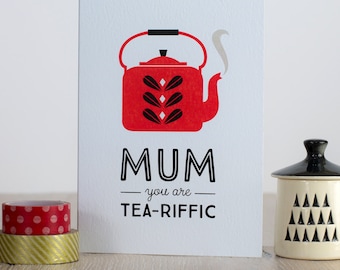 Retro Mothers Day Card, Love Mum, Mum Birthday Card, Scandinavian Tea Pot Kettle Card, Catherine Holm, Mid Century, Card for tea lover