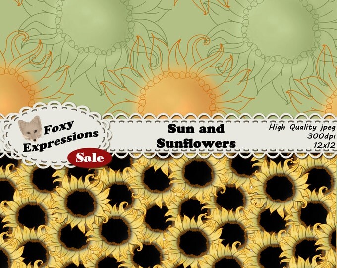 Sun and Sunflower digital paper comes in shades of green, yellow, black and cream. Perfect for spring & summer projects. Plus bonus clip art