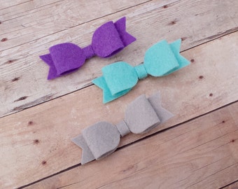 CHOOSE ANY THREE / 40+ Colors - Mini Wool Felt Hair Bow Clip Trio Set / Felt Hair Bow Clip / Felt Bow Clip Set / Mini Felt Hair Bow Clips /