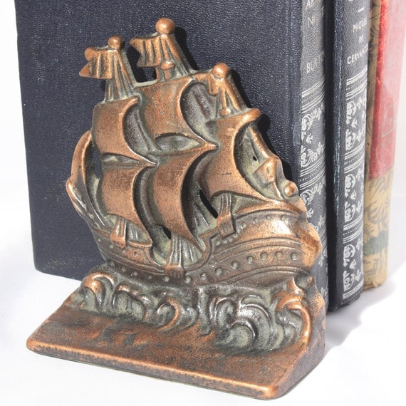 Sailing Ship Bookends Bronze Plate Cast Iron Multi Three