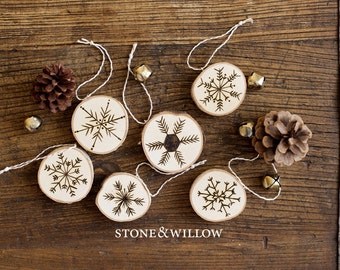 Birch Snowflake Christmas Ornament or Gift Tag - Ornament/Tag - Woodburned Snowflakes - Stone and Willow