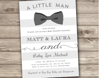 Bow Tie Baby Shower Invitations Little Man Printable Stripe Digital Navy Teal Aqua Blue Boy Rustic Vintage Oh Boy Boy Shower its a boy NV617