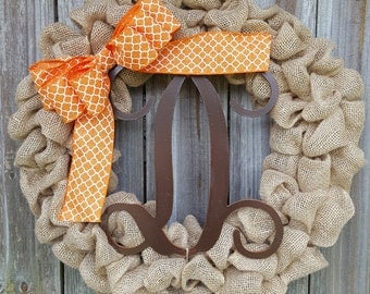 Fall Wreath, Fall Monogram Wreath, Fall Door Wreath, Brown and Orange Wreath, Wreath with Letter, Initial Wreath, Fall Decor, Burlap Wreath