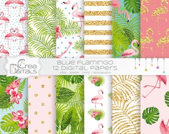 Tropical gold glitter flamingo - 12 digital paper pack - INSTANT DOWNLOAD