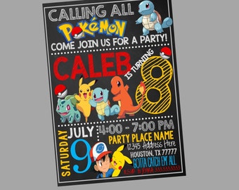 Pokemon Invitations, Chalkboard Pokemon Invitation, Pokemon Party, Pokemon go birthday, Pokemon Invite