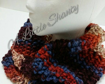 Knit Cowl a mix of Browns, Oranges, Tan & Blue colors/Winter Cowl