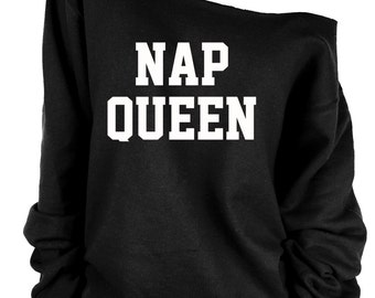 Nap Queen print oversized off shoulder raw edge sweatshirt