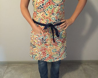 women's apron, full apron, red flower apron, heavy apron