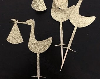 12 Stork cupcake toppers .. baby shower cupcake toppers .. baby shower party