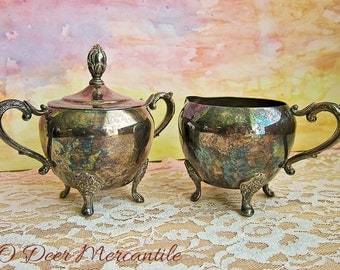 Vintage Silver Plated Footed Sugar and Creamer: Ornate Shabby Silver Serving Ware