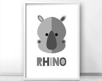 Modern nursery art print, rhino kids wall art, kids art print, digital printable art, safari art, animal nursery print, gray nursery decor