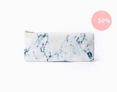 White marble organic coton pencil case, zipper pouch, white and blue, print organic fabric, marble pencil pouch, back to school
