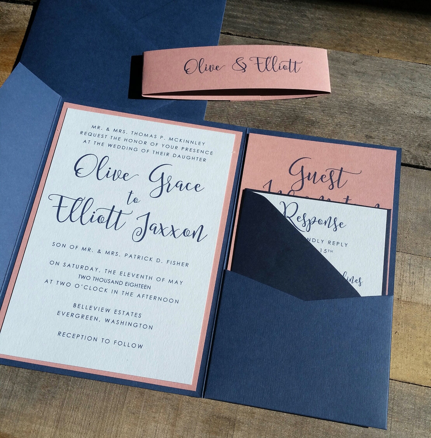 Blue and Pink Wedding Invitation Suite Wedding Invitation