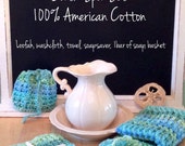 Crochet SPA-Bath-Set: loofah, soapsaver, washcloth, towel, soap, wired or seagrass basket, wellness set, valentine gift, housewarming gift, Crochet SPA-Bath-Set: loofah, soapsaver, washcloth, towel, soap, wired or seagrass basket, wellness set, valentine gift, housewarming gift,