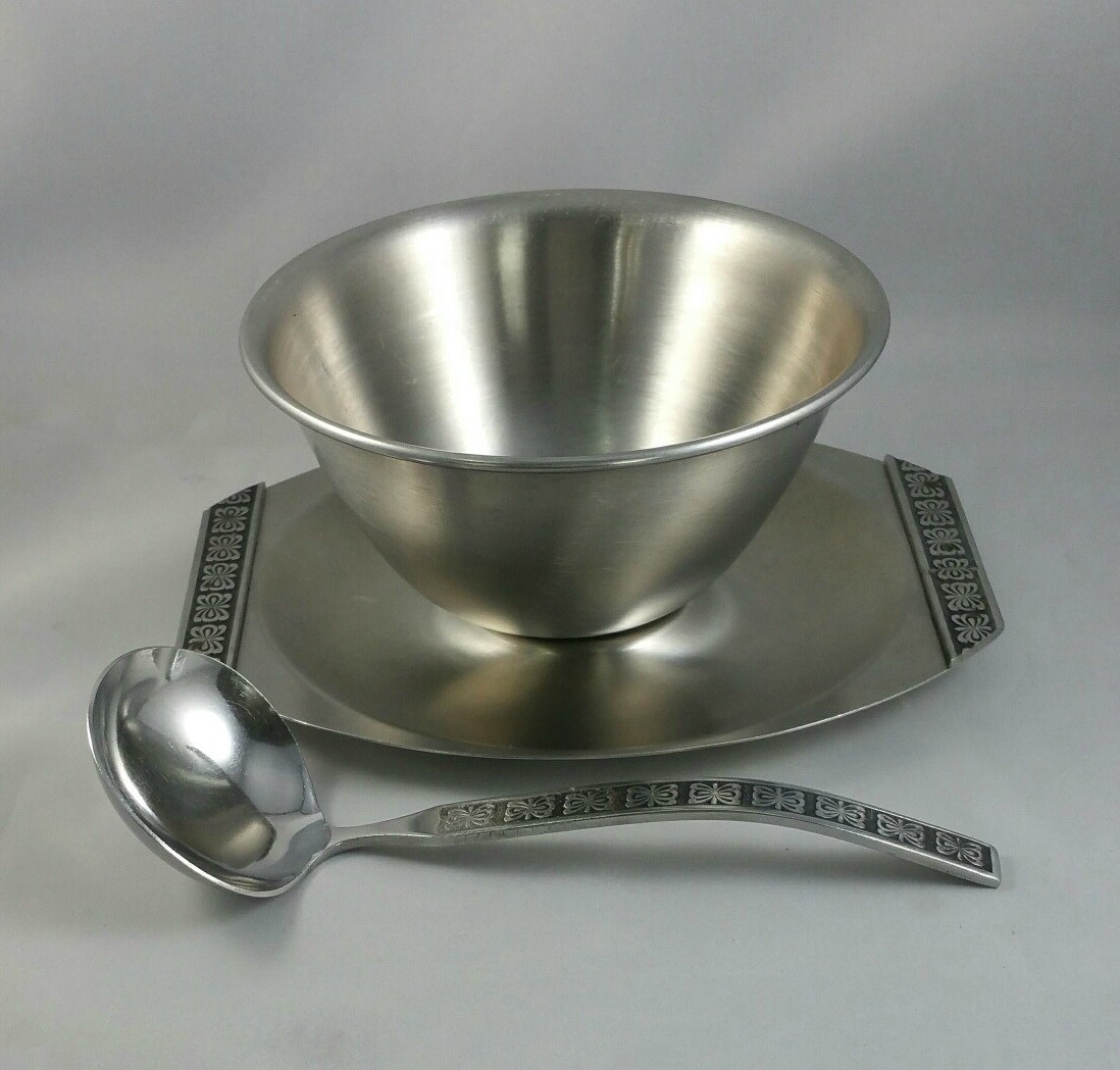 Vintage Stainless Steel Gravy Boat With Ladle Sauce Bowl With