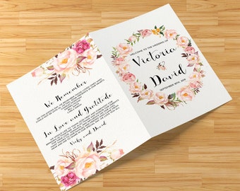 Printable Wedding Program Booklet, Order of Service, Bohemian Pink and ivory Floral Boho Watercolor Ceremony Program digital files - PF-18