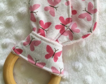 ORGANIC Personalized Bunny Ear Crinkle Wooden Teething Ring, Girl Pink Butterflies with Minky or Organic Bamboo