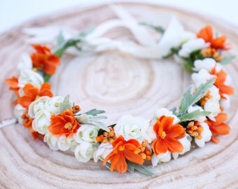 Orange and white flower crown, Flower headband, headband, wedding flower crown, bridal flower crown, bohemian flower crown