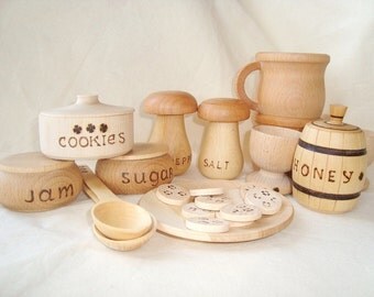 Play kitchen wood set (24pcs). Wooden toys. Wooden food play set. Wood tea set