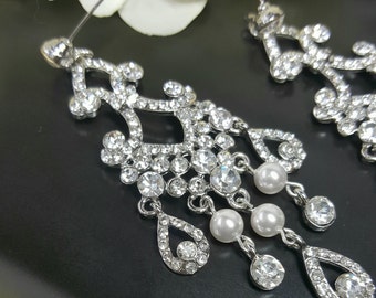 Bridal Chandelier Earrings, Crystal Chandelier Earrings, Swarovski Pearls, Statement Bridal Earring, Vintage Prom Earrings, Crystal Earrings
