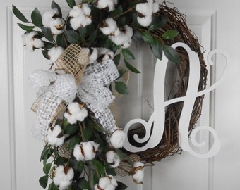 Southern Cotton wreath, Farmhouse wreath, Rustic wreath, Primitive wreath, Wedding wreath, 2nd Wedding Anniversary gift, Everyday wreath
