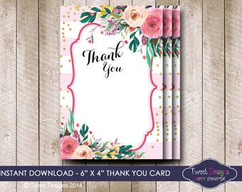 THANK YOU Card, Floral Thank you Card, Instant download, Pink Floral Thank you Card, Baby Shower Thank you Card, Instant Download Thank you