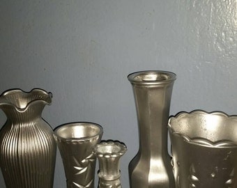 Metallic silver vases, set of 5
