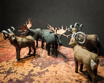 Set of Five Fiber Mache Rams and Moose Ornaments