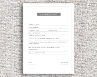 Photography Contracts Forms Templates - Minimal Photography Wedding Form - Wedding Form - Digital - Photoshop Templates - INSTANT DOWNLOAD