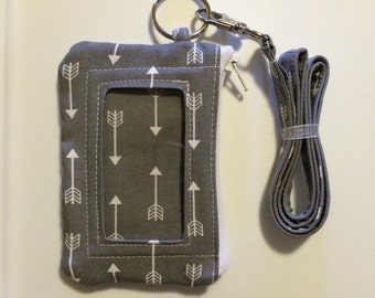 Hand Made Lanyard With ID Wallet in Gray Arrow Print With Extra Zipper